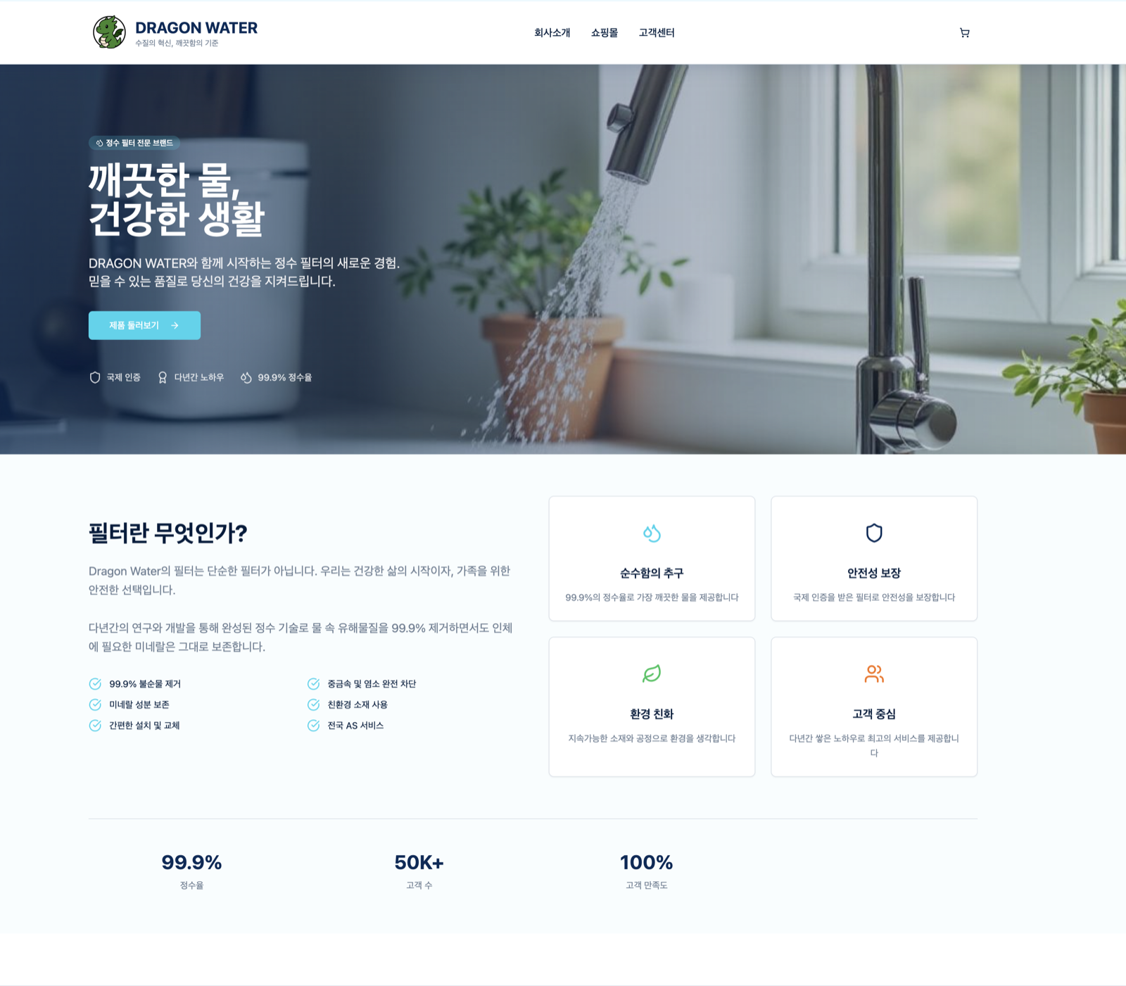 Dragon Water 쇼핑몰 사이트 화면